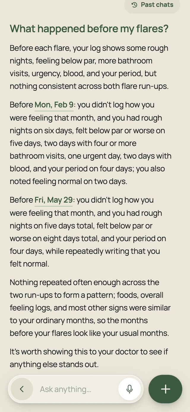 An answer describing the thirty days before each of two flares, with both dates as links, ending on the finding that nothing repeated often enough across the two run-ups to form a pattern.