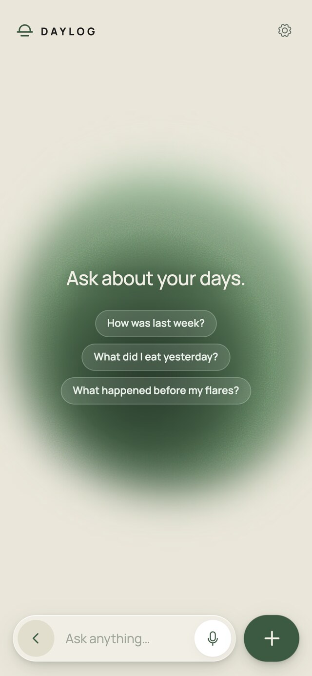 The ask screen: a heading reading what do you want to know, with three suggested questions about last week, yesterday's food, and what happened before my flares.