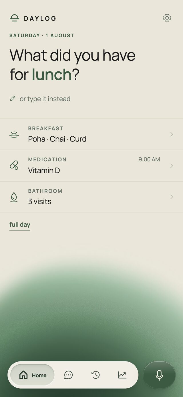 Daylog's home screen: the date, a question reading What did you have for lunch, today's rows for breakfast, medication and bathroom, and a green aura filling the lower half with a microphone.