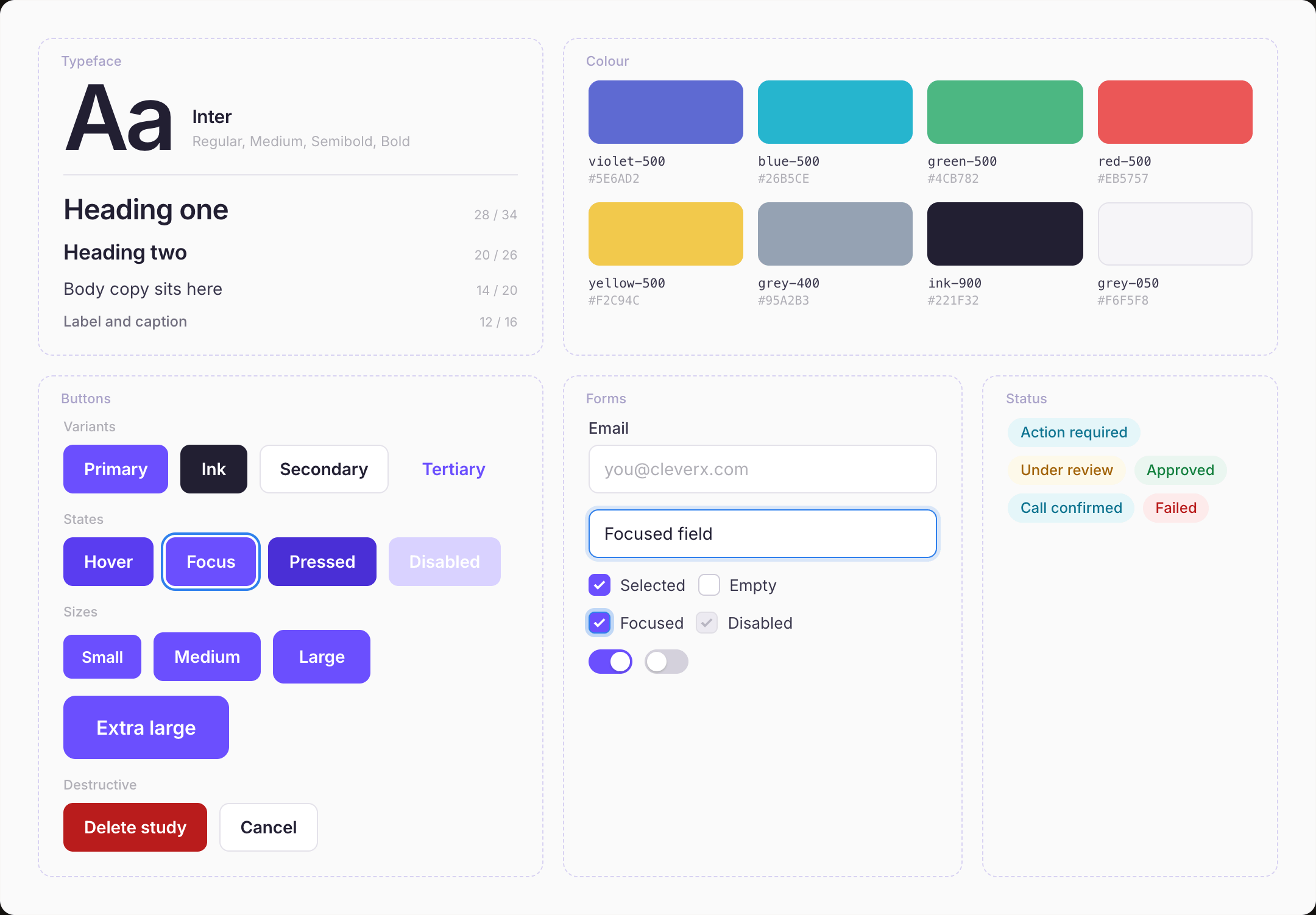 The design system on one sheet: the typeface and its scale, the colour palette as solid chips with token names and hex values, and the button, form and badge components that use them.