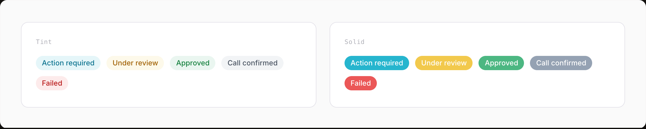 The badge component in its two styles: a tint set with a light background and coloured text, and a solid set with a bright accent fill and a white label.