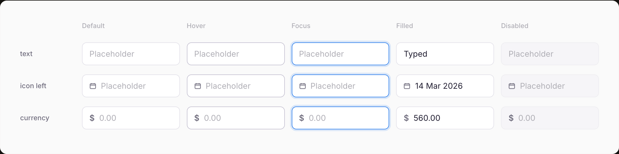 The input component: five states across the top for each field type, including text, search and currency fields.