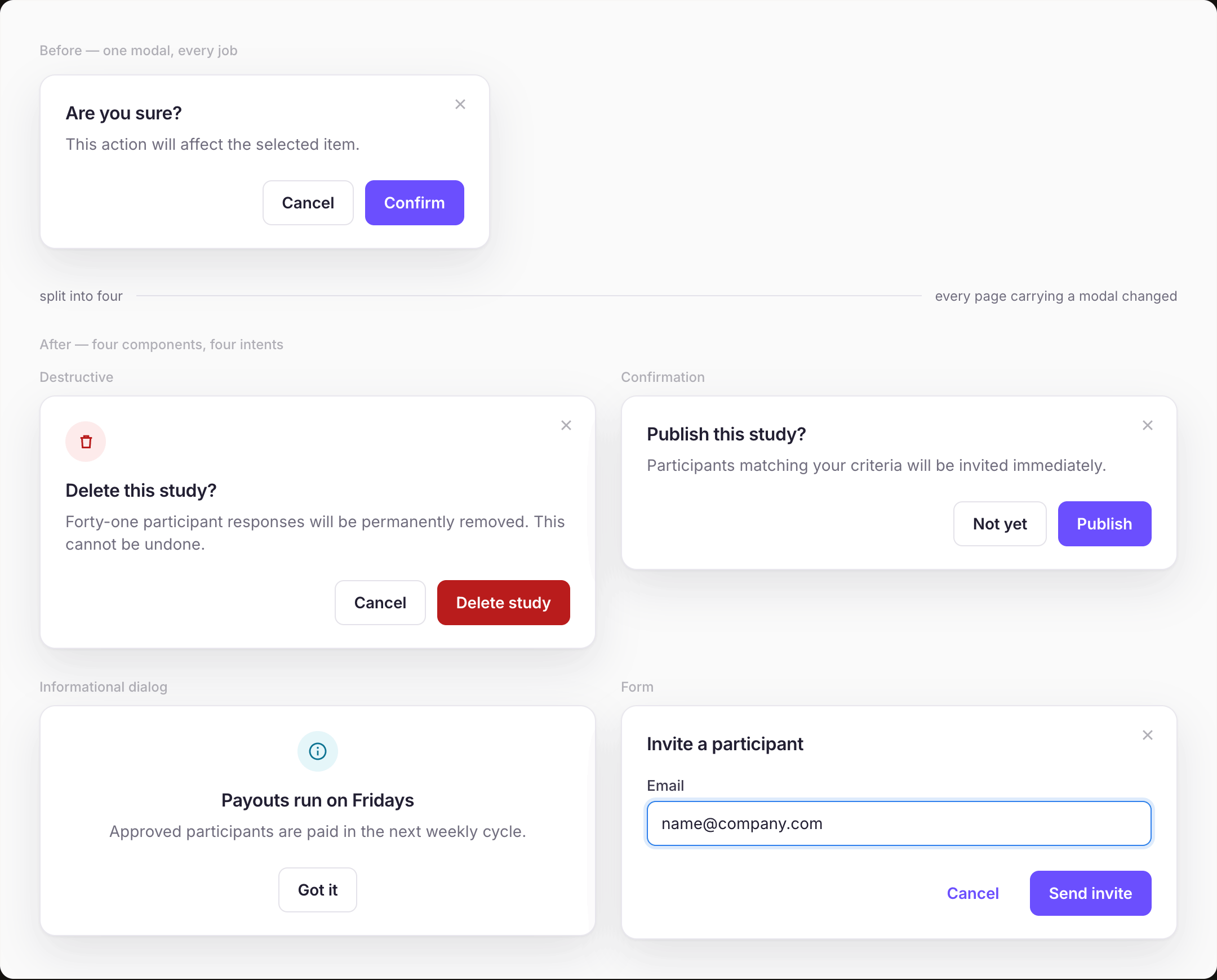 The modal split into two components: a modal with a form and a Send invite action, beside a smaller informational dialog with a single Got it button.