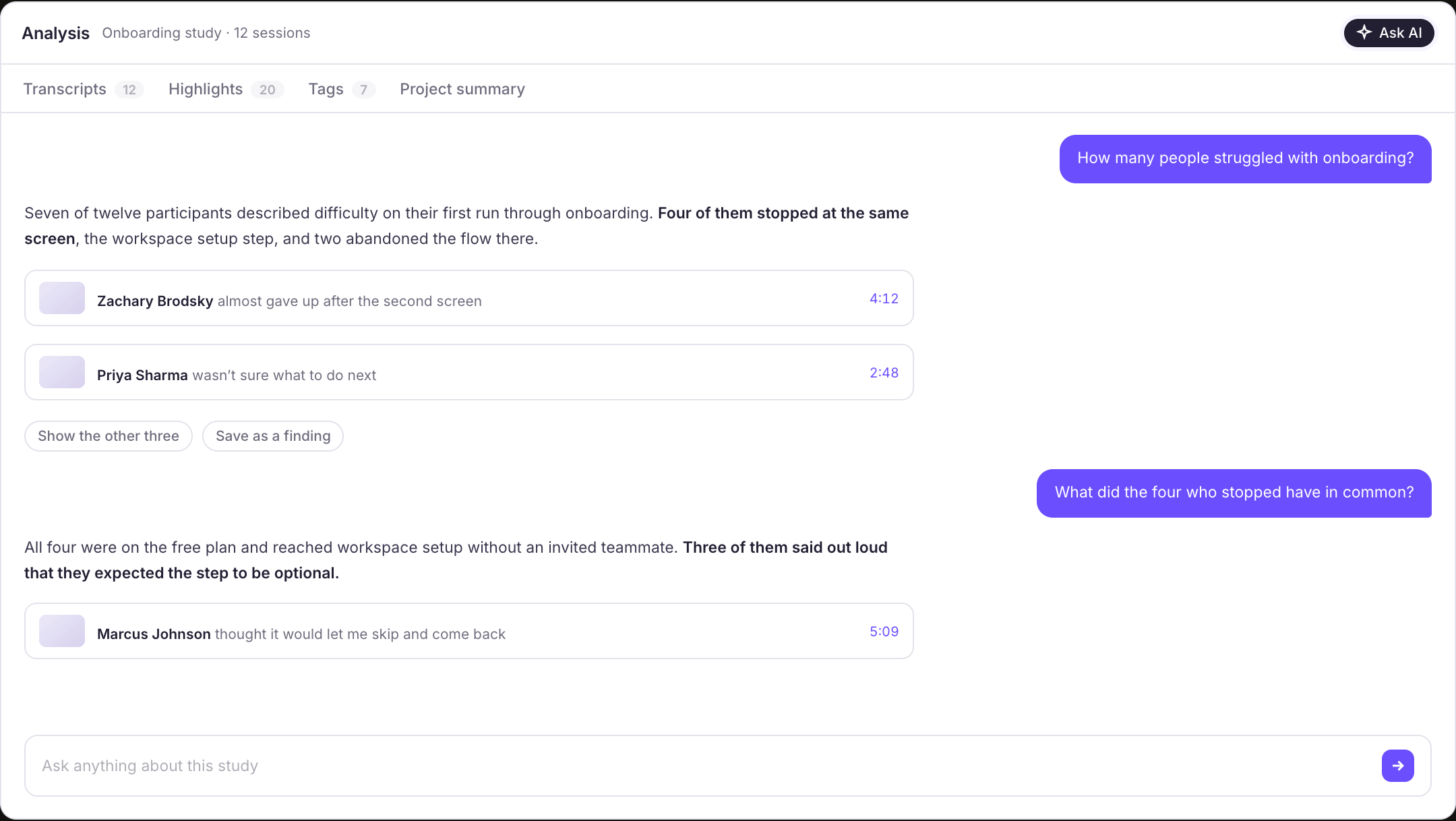 The Ask AI view: a researcher's question about the study, an answer, and the clips it was drawn from.