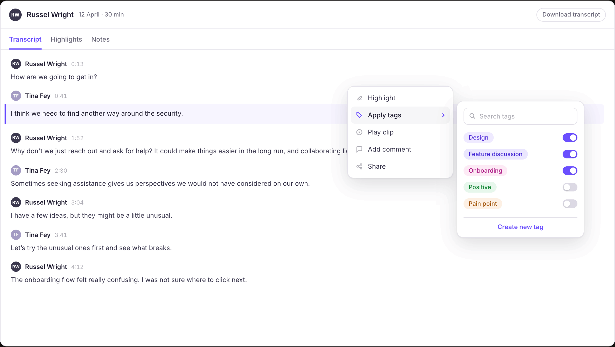 A transcript with one line selected, the action menu open on Apply tags, and the project's tag list open beside it.
