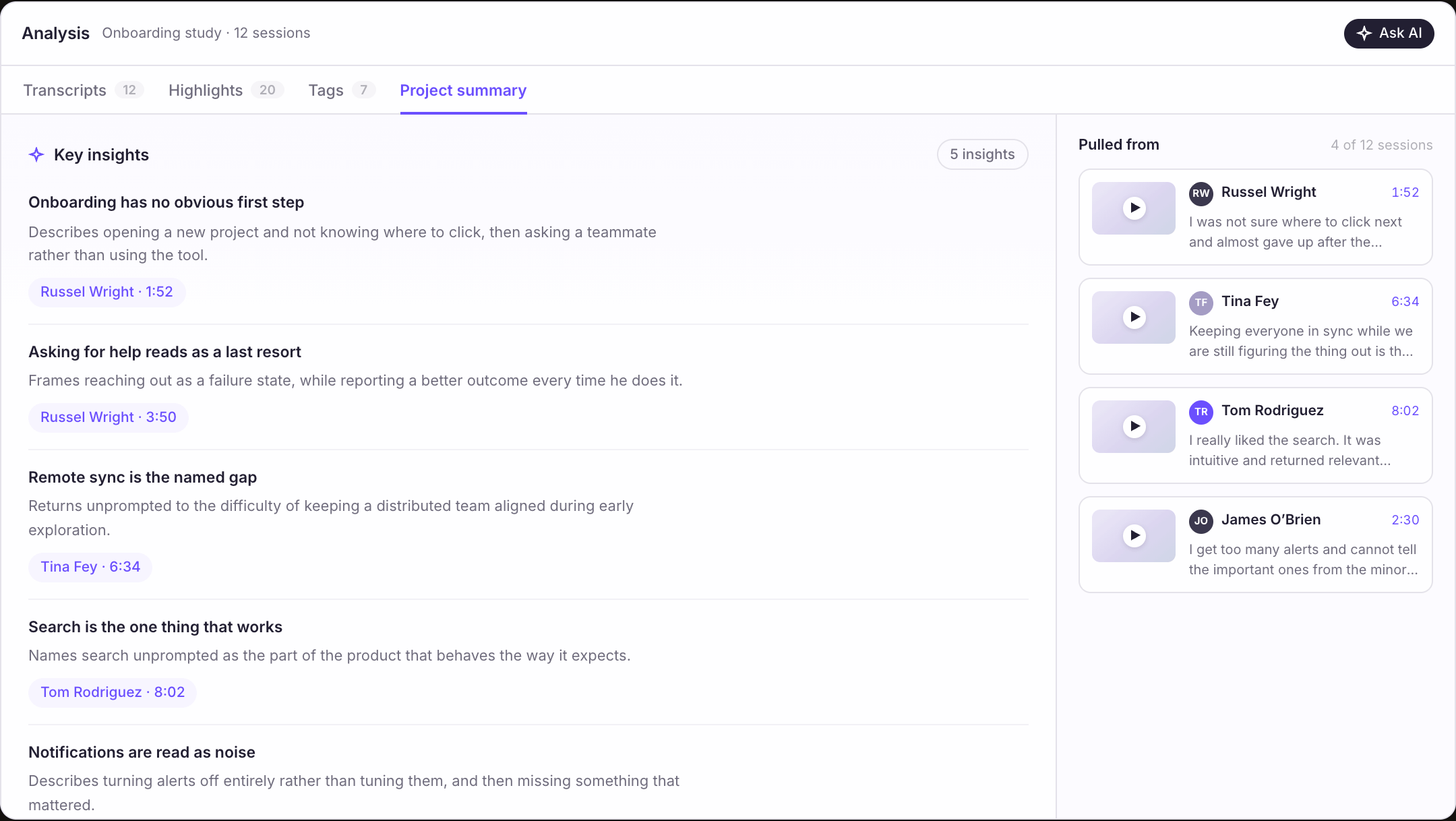 The project summary: discrete insights, each carrying the participant and timestamp it came from.