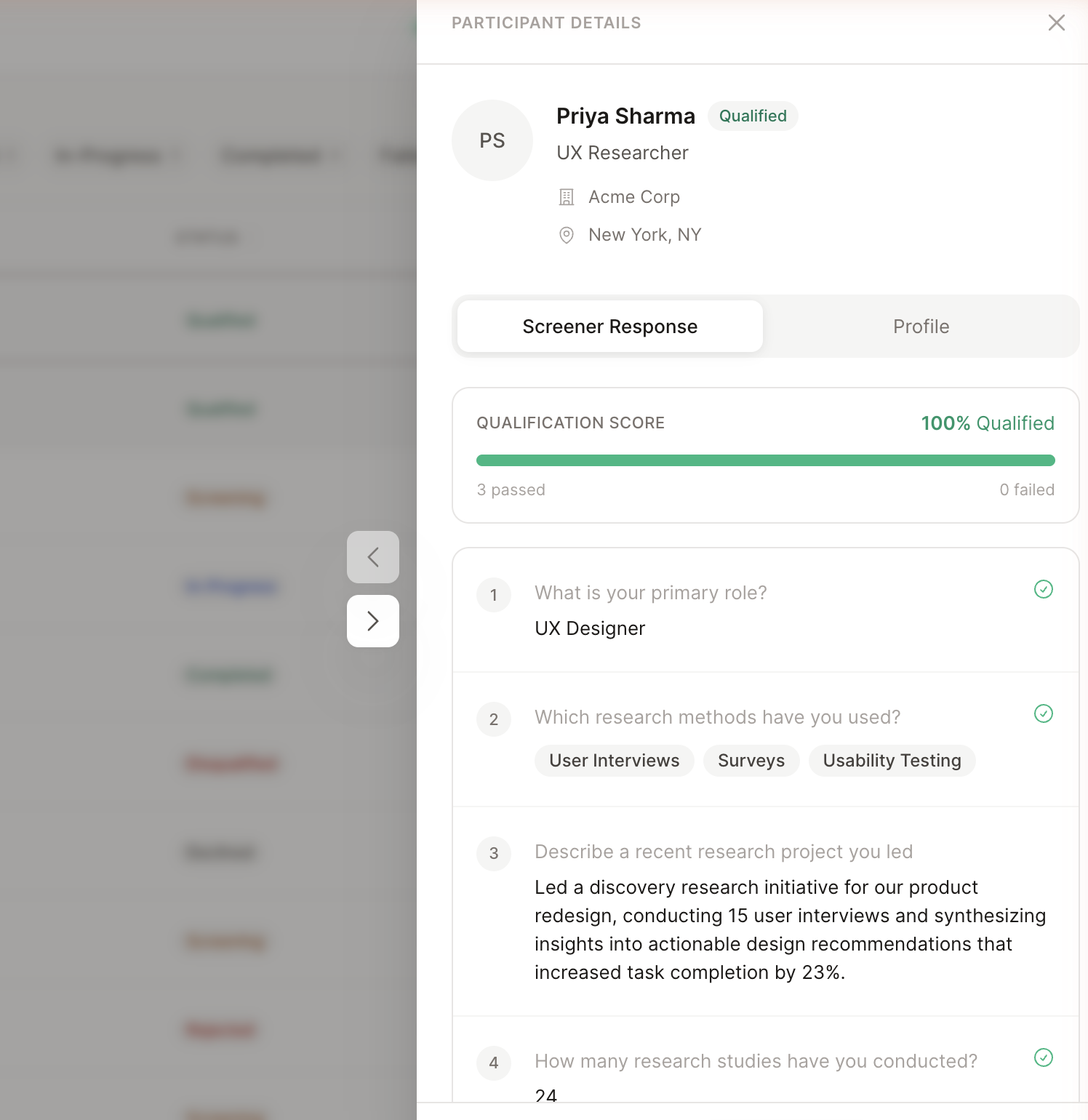 Researcher dashboard screen