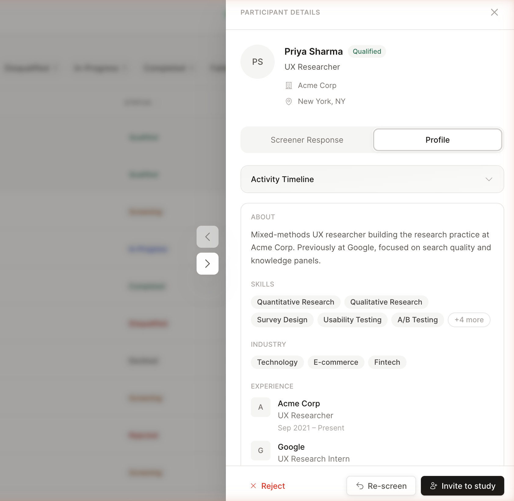 Researcher dashboard screen