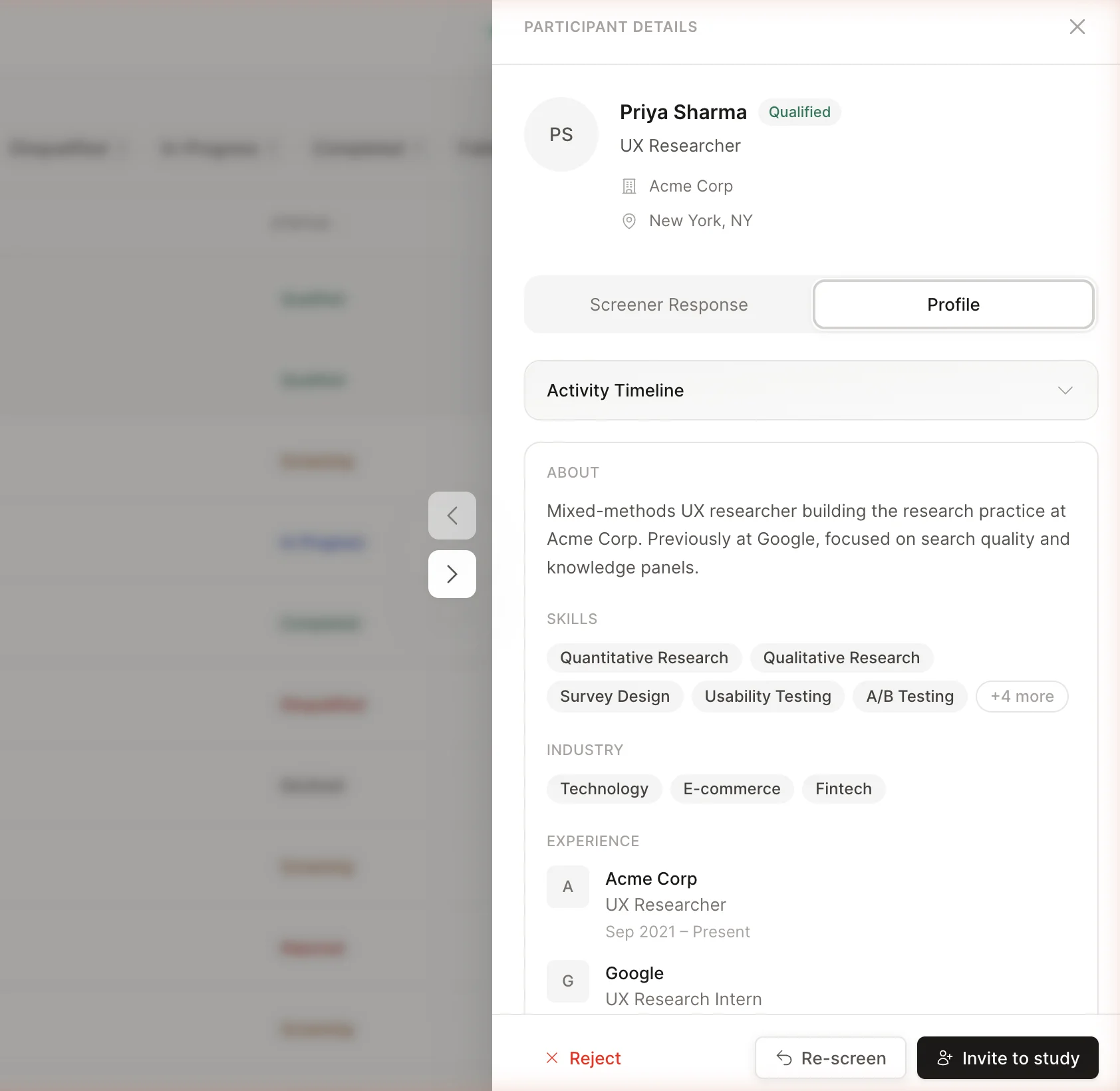 Researcher dashboard screen