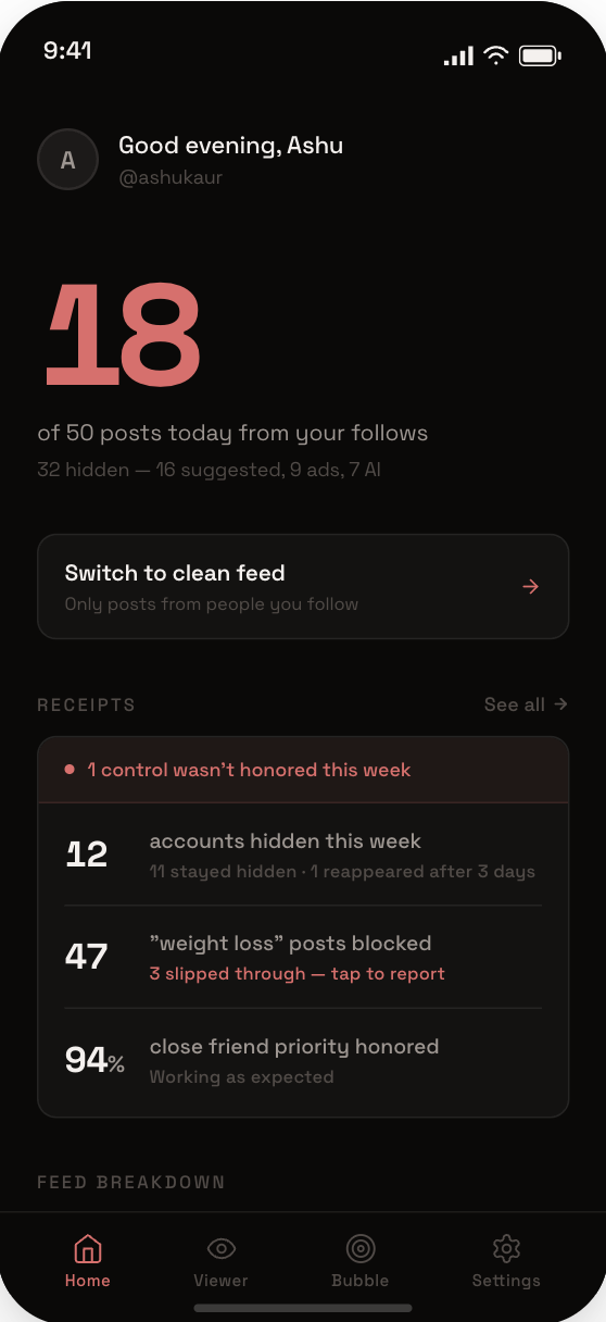 Home screen — feed state and receipts