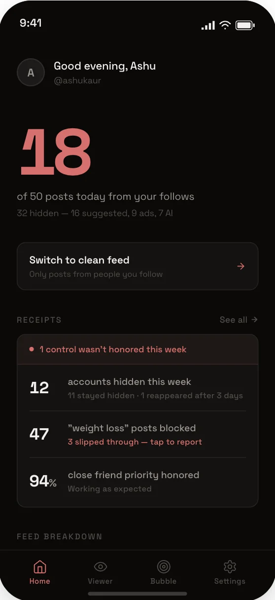 Home screen — feed state and receipts