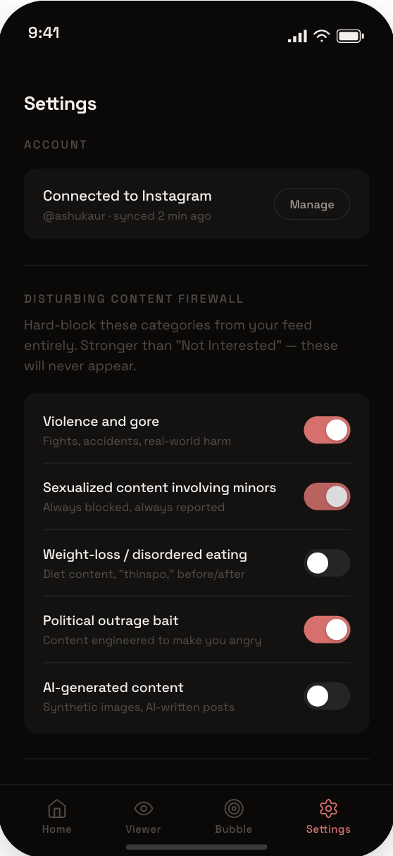 Settings screen — disturbing content firewall