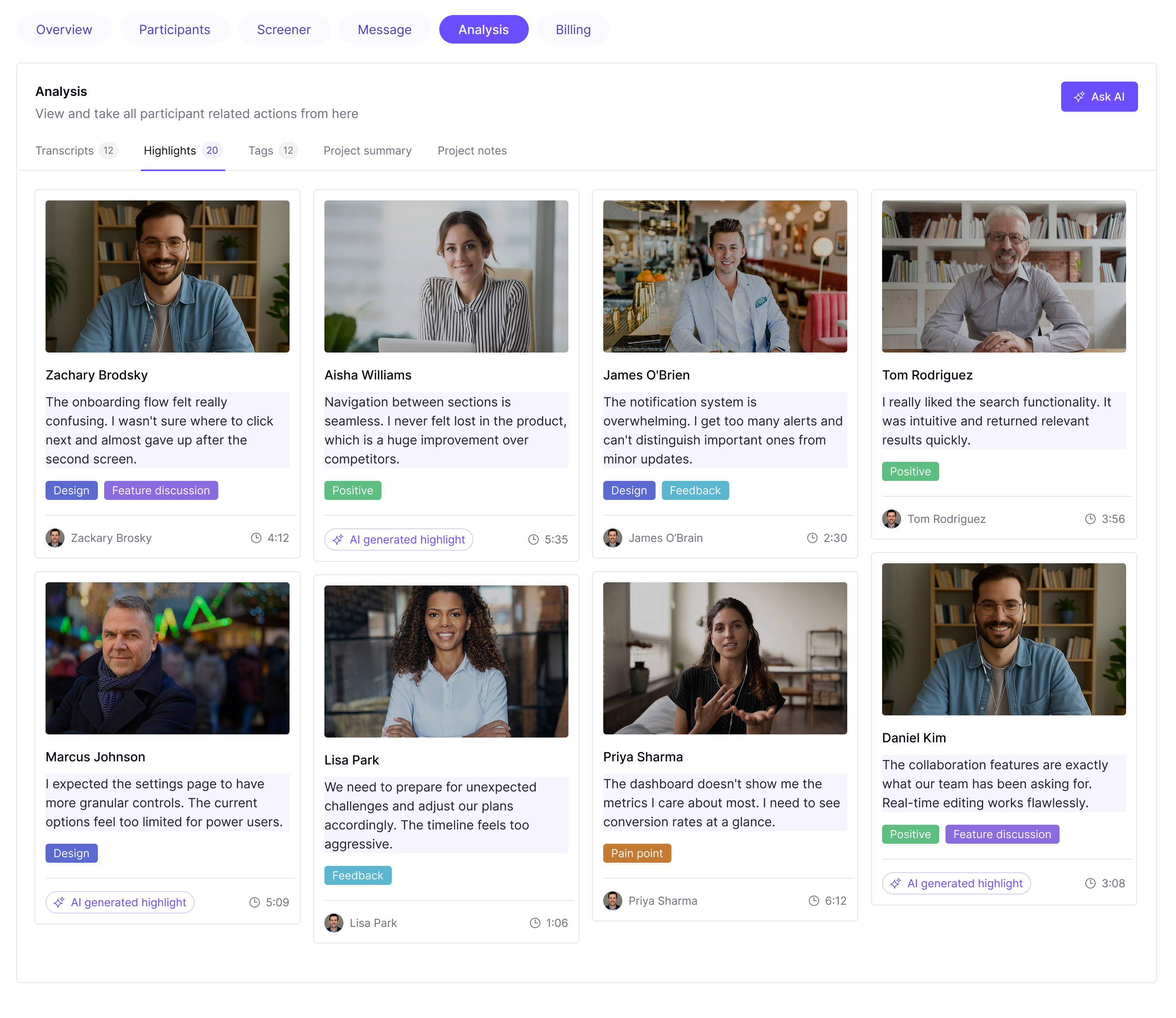 Analysis overview — all participants with highlights and tags