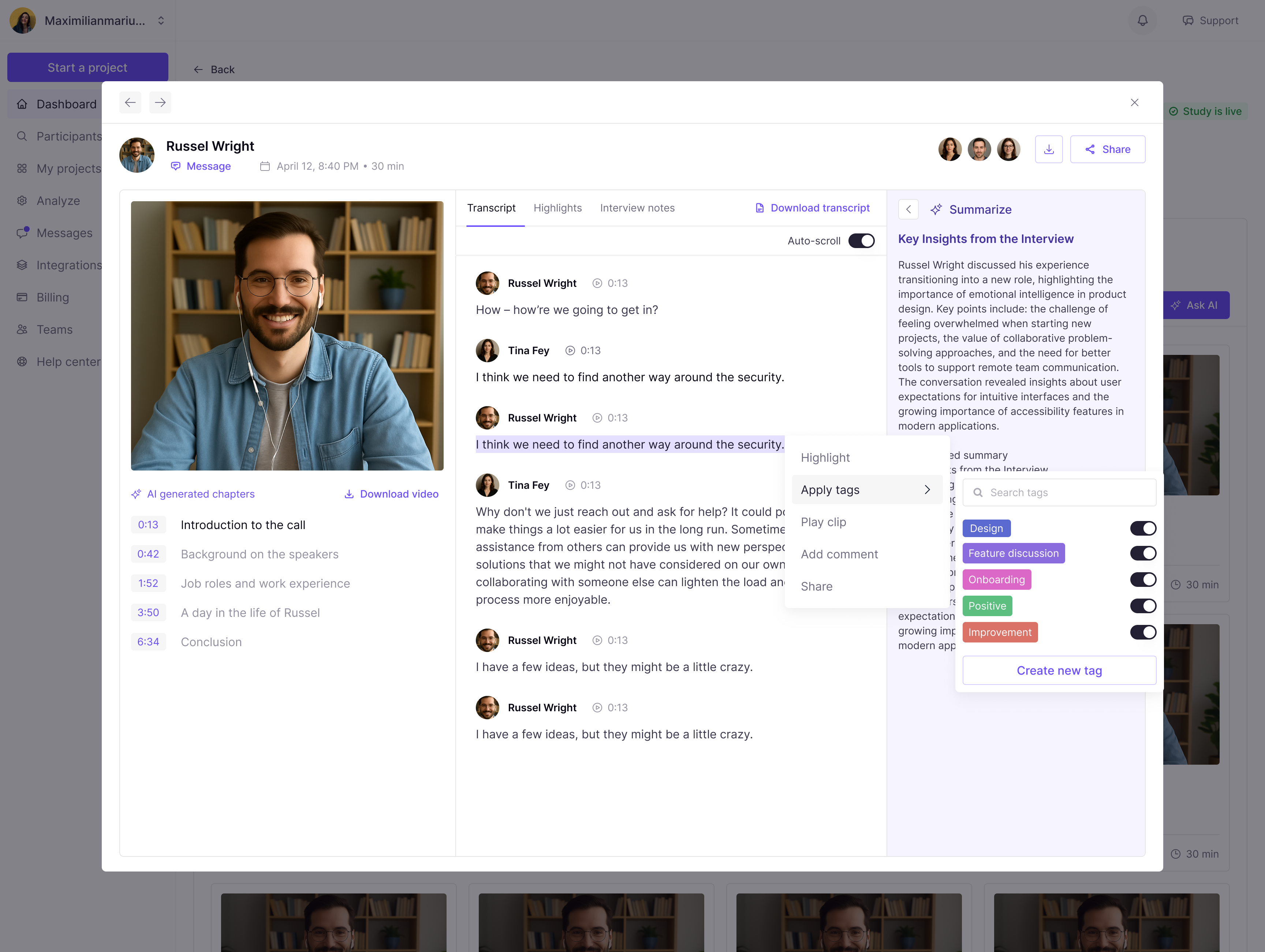 Interview transcript with highlights and key insights