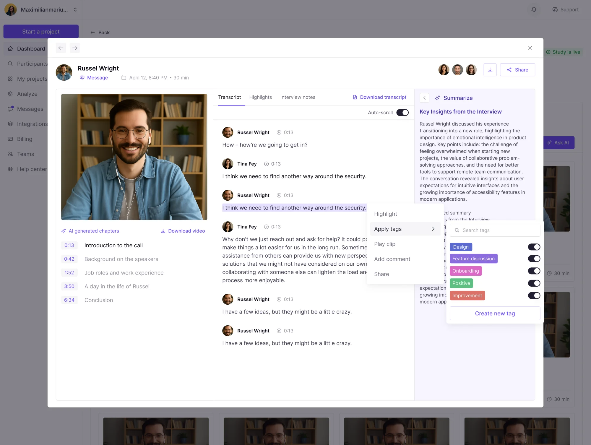 Interview transcript with highlights and key insights