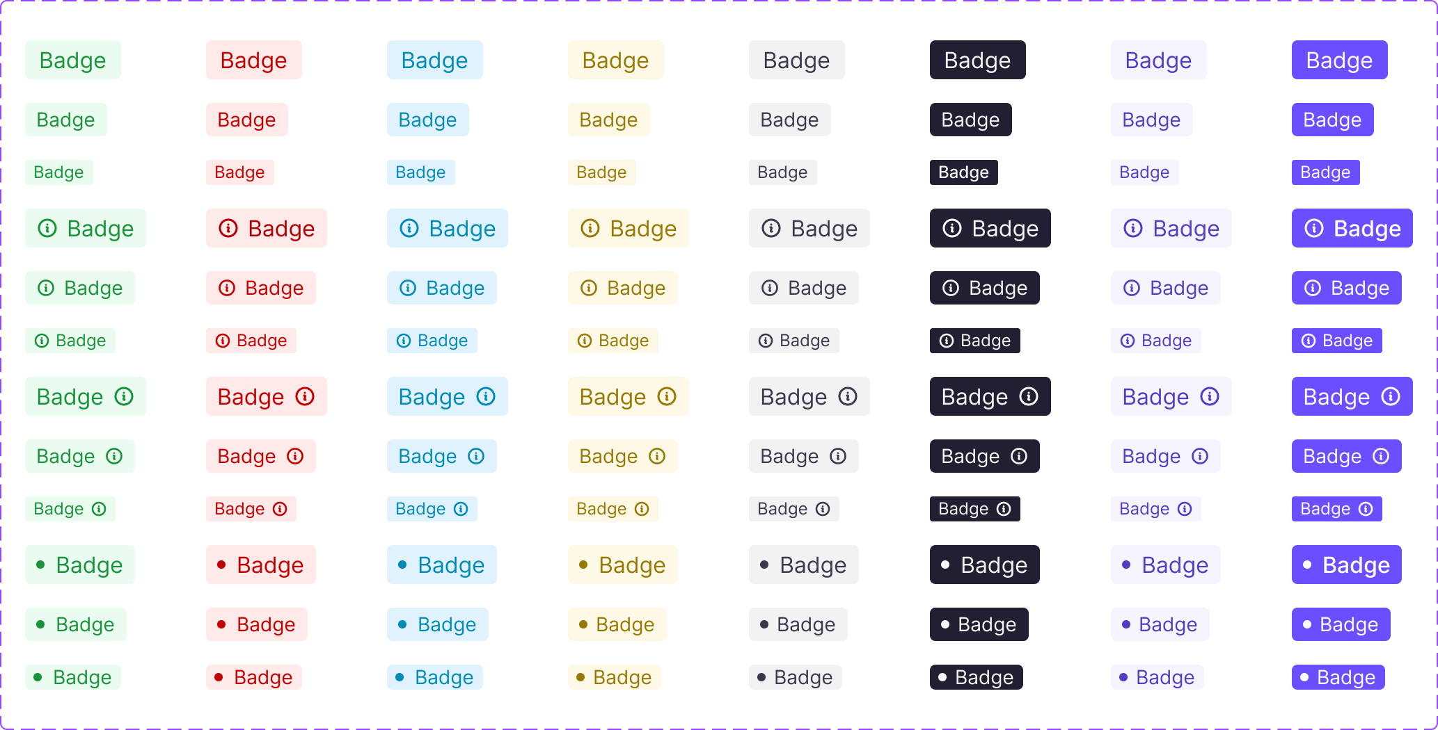 Badge components — colours and icon variants