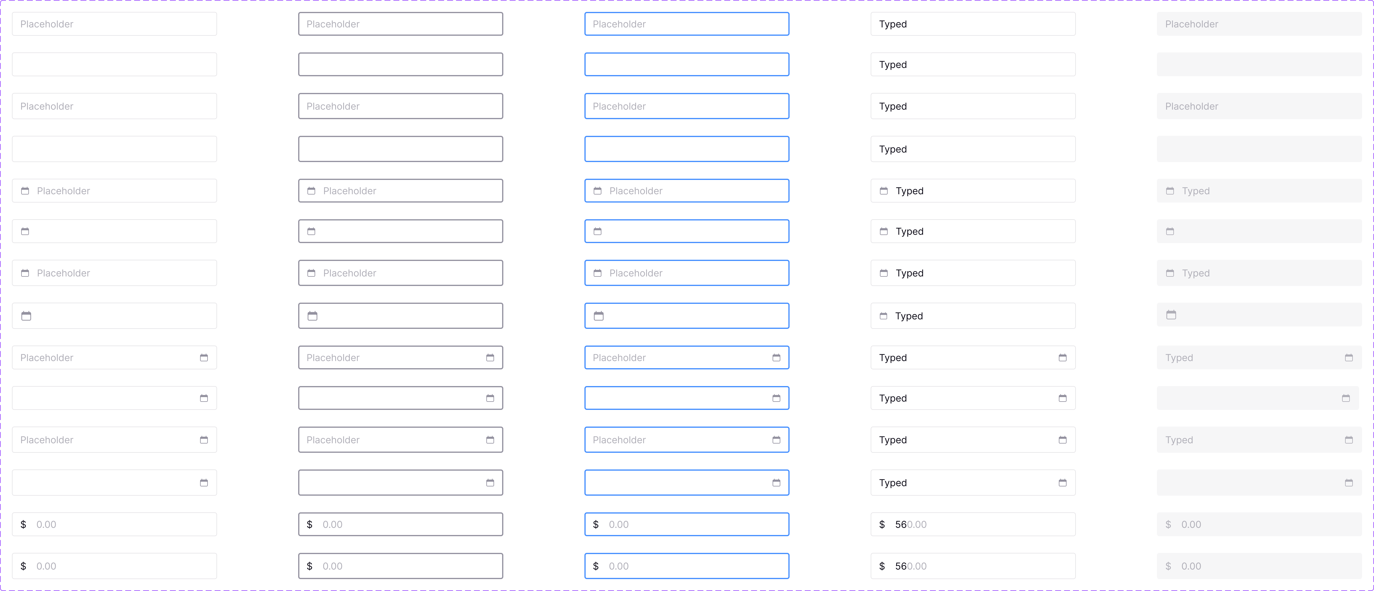 Input fields — text, date, currency variants