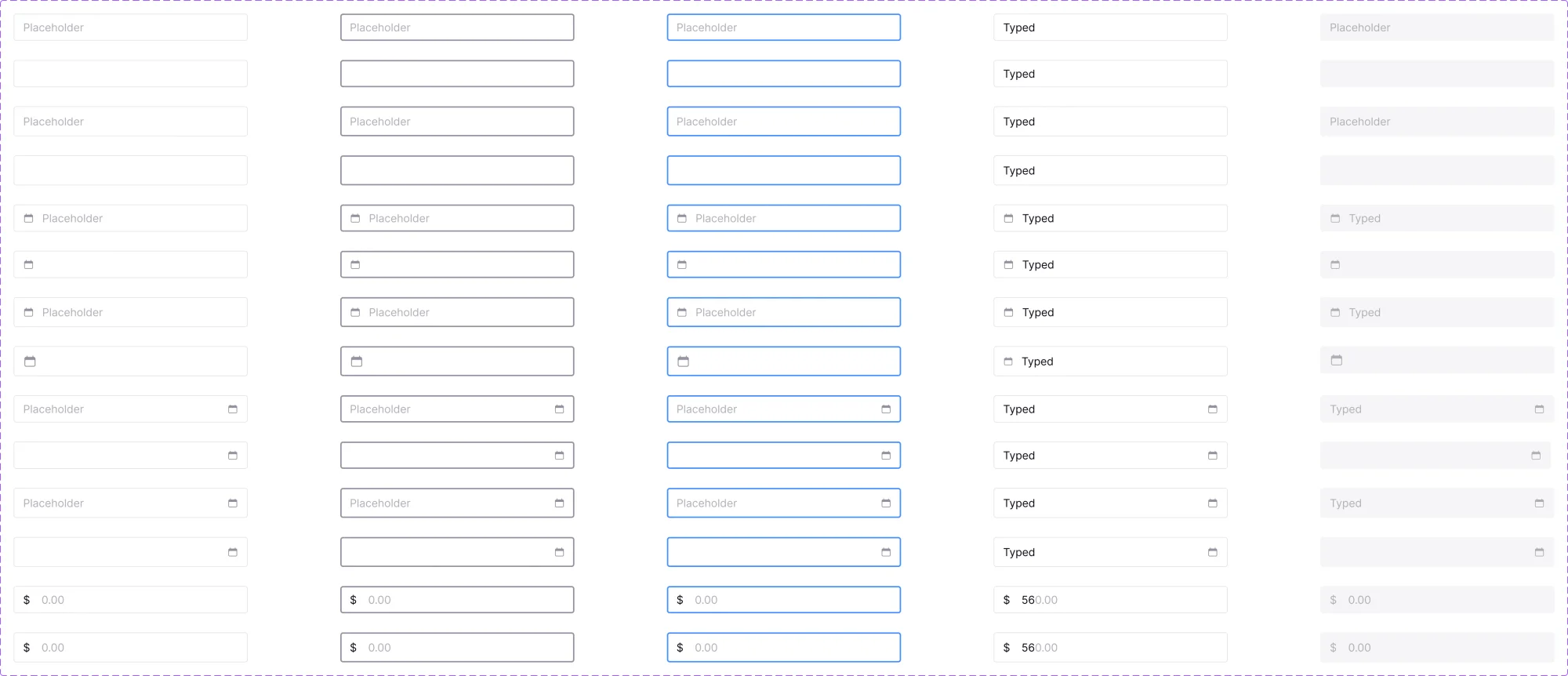 Input fields — text, date, currency variants